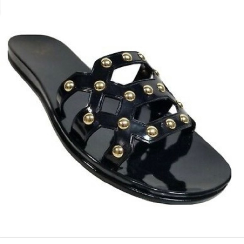 🔥VINCE CAMUTO “Carron” Black Jelly Slides BRAND NEW Size 9 with Gold Studs